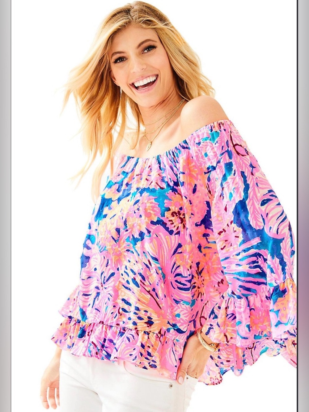 Lilly Pulitzer Corie Top in Multi Swirling Seadream off the shoulder blouse XS